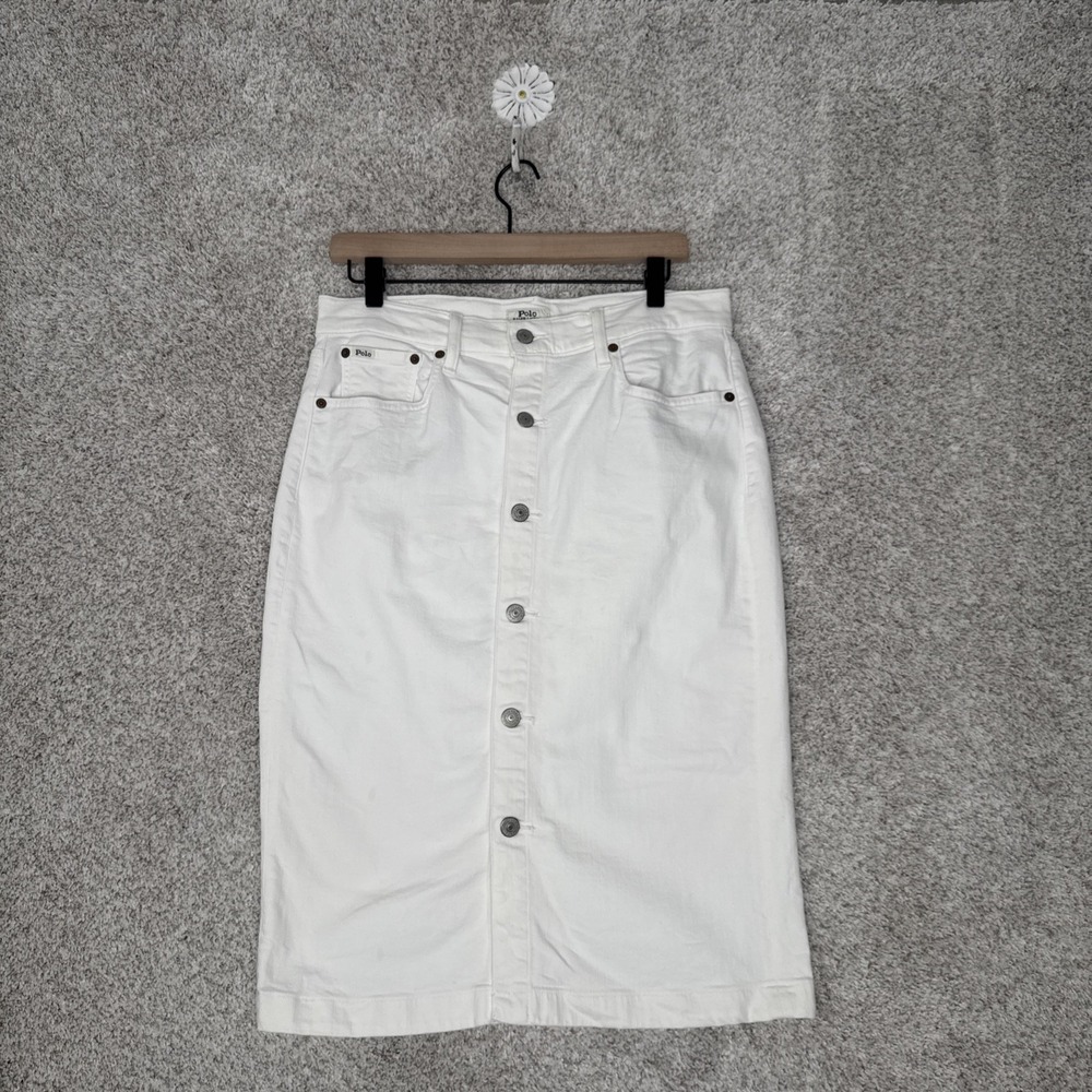 Polo Ralph Lauren White Denim Button Midi Skirt | Old Money Coastal Preppy 8